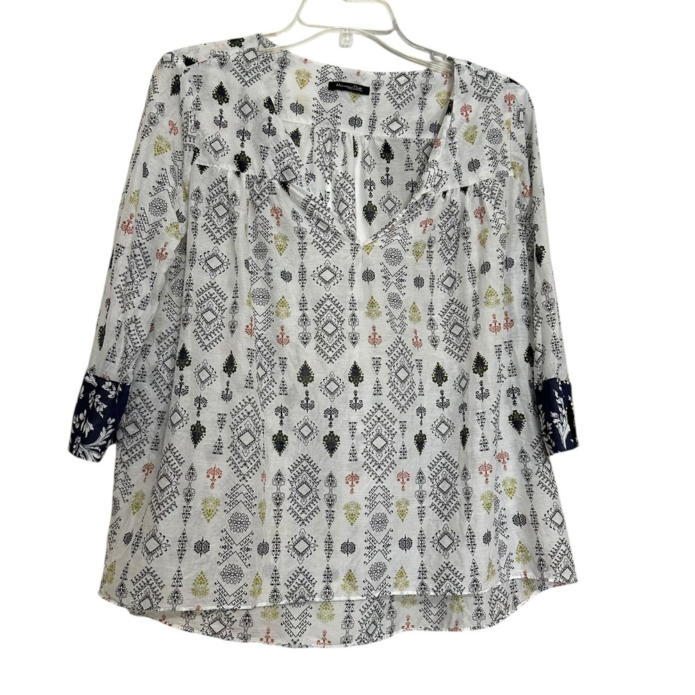Massimo Dutti White Geometric Print Top 3/4 Sleeve V-Neck Womens 6 Semi Sheer